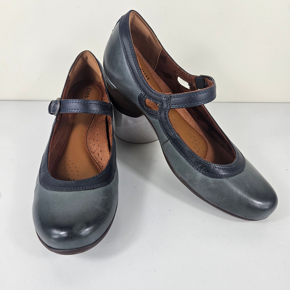 Cobb Hill Laurel Womens 8 Blue Gray Leather Mary Jane Buckle Pumps Heels